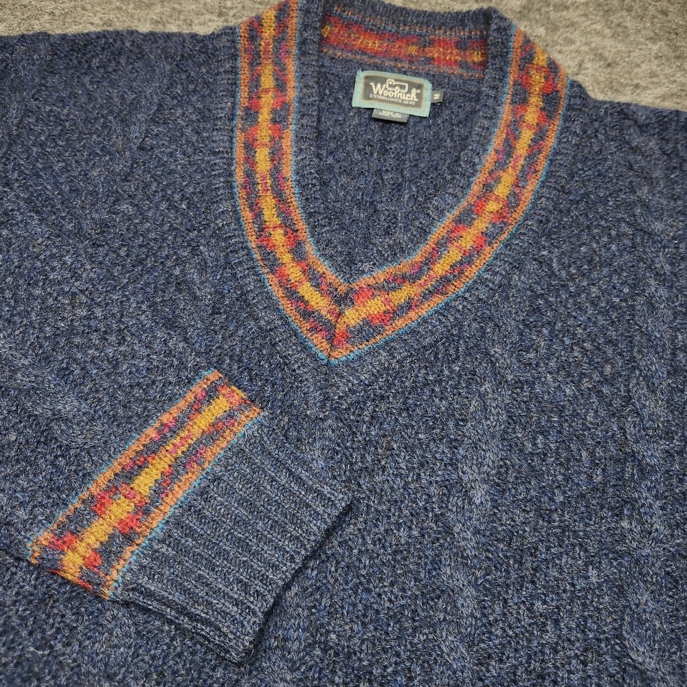 Woolrich Vintage Mens V-Neck Wool Cable Knit Sweater Navy Blue Preppy Medium